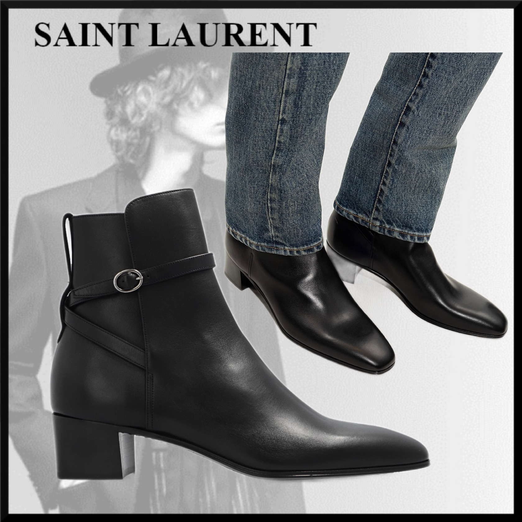 【SAINT LAURENT】 ブラック テリー レザー アンクル ブーツ