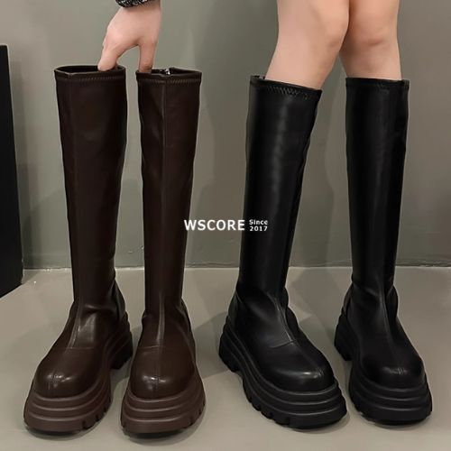 ロングブーツ 厚底 太ヒール バックジッパー プラットフォーム