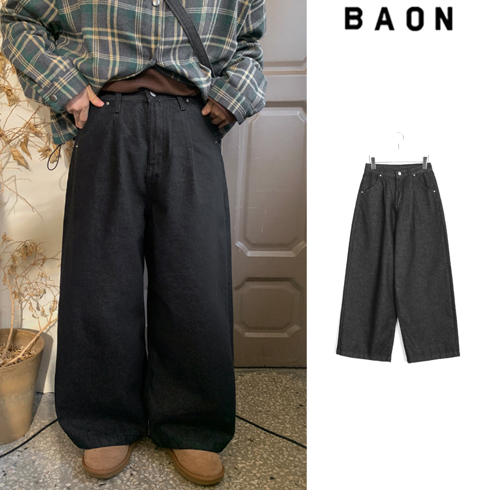 【BAON】Itove Black Blue Pintuck Brushed Wide Pants