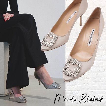 Manolo Blahnik Pointed Toe Hangisi 70 silver grey satin pump