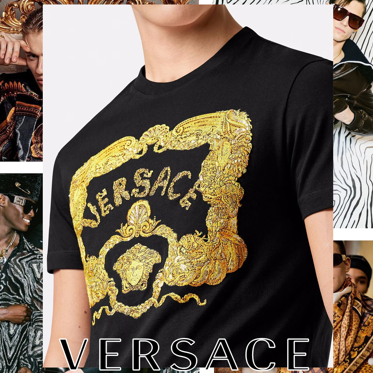 VERSACE シーシェル バロック刺繍Tシャツ ブラック