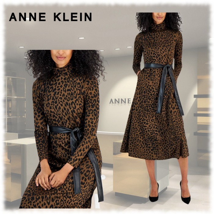 限定!Anne Klein レオパード柄 美ライン ミディ ワンピース