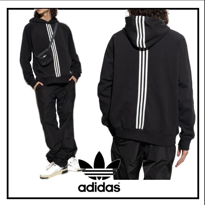 ADIDASORIGINASロゴ刺繍 ストライプパーカートレーナー黒NEW