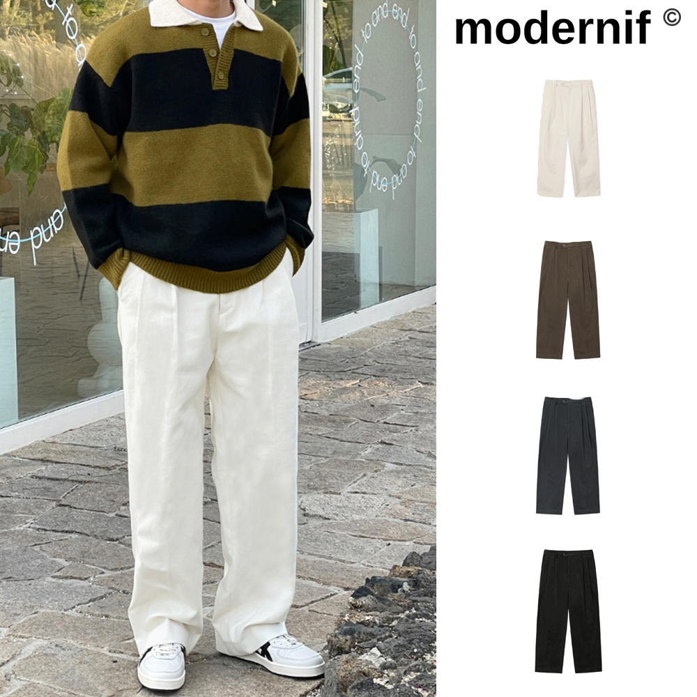 【MODERNIF】Less two-tuck cotton wide pants