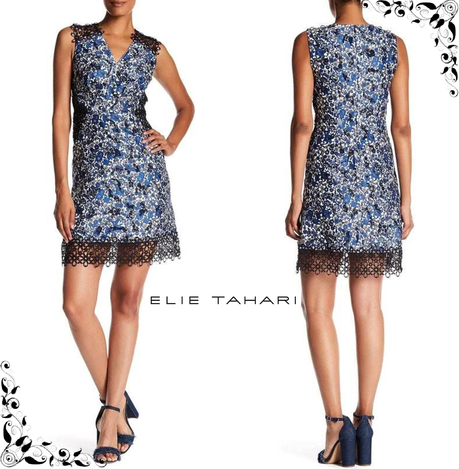 Elie Tahari☆定価448ドル可憐なネイビー小花柄フレアワンピース