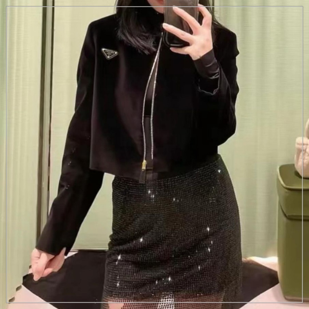 【話題】PRADA◆ベルベット ノーカラージャケット ジップ付 ロゴ
