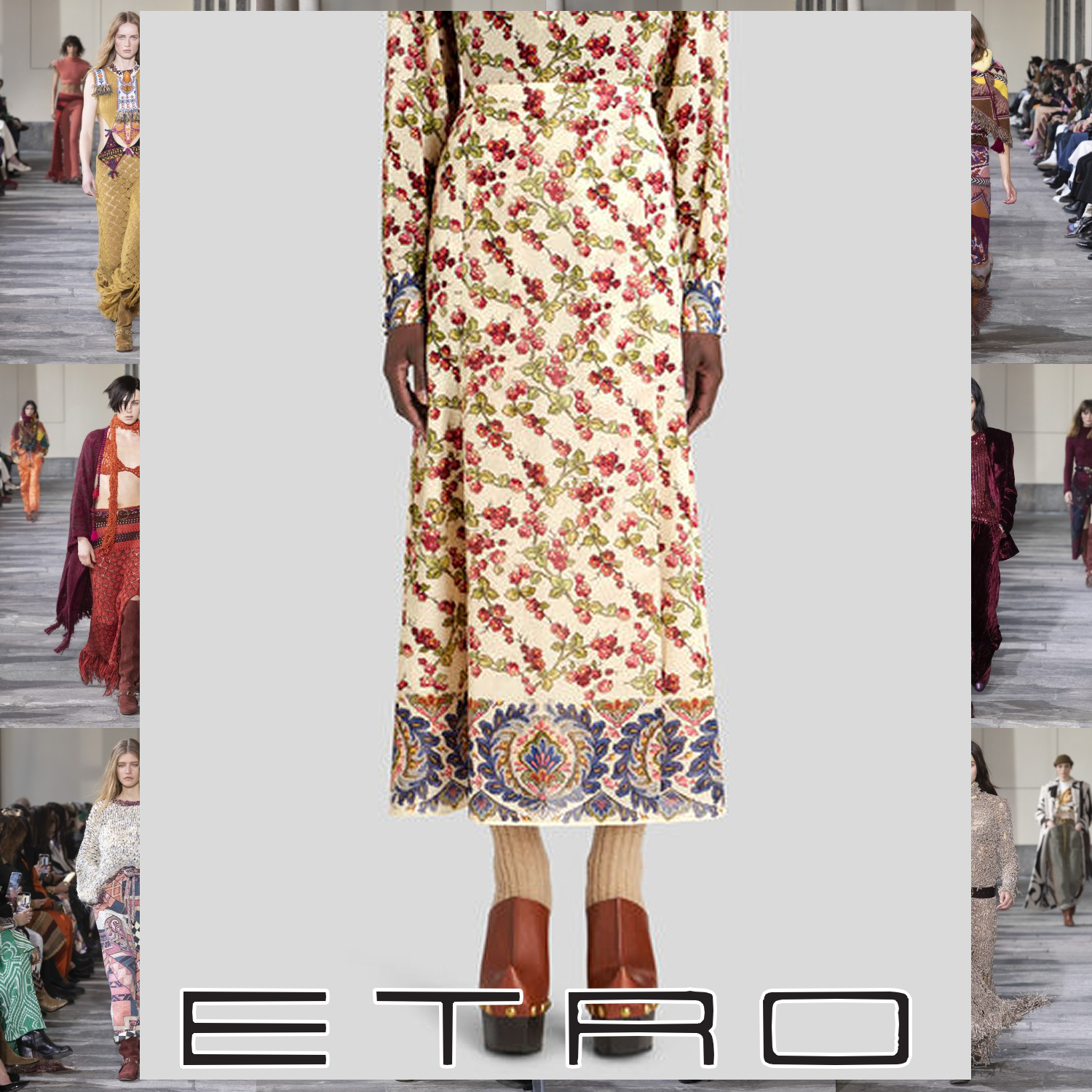 ETRO ベリープリント シルクミディスカート ホワイト