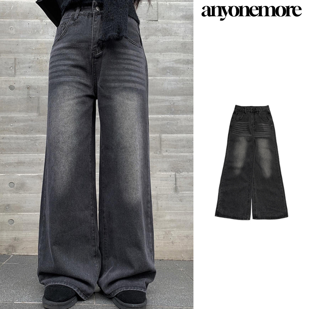 【Anyone more】Robe black denim washing wide pants