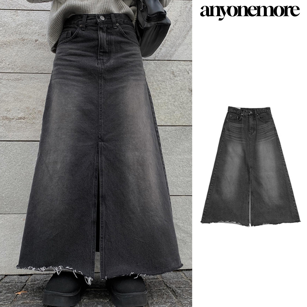 【Anyone more】Erika Black Denim Slit Long Skirt