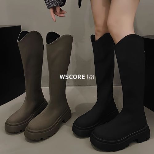 ロングブーツ Vカット 厚底 スリム バックジッパー ラウンドトゥ