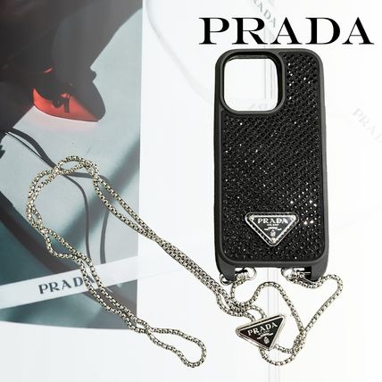 PRADA Smart Phone Cases Unisex Blended Fabrics Plain Leather Bridal Logo iPhone 14