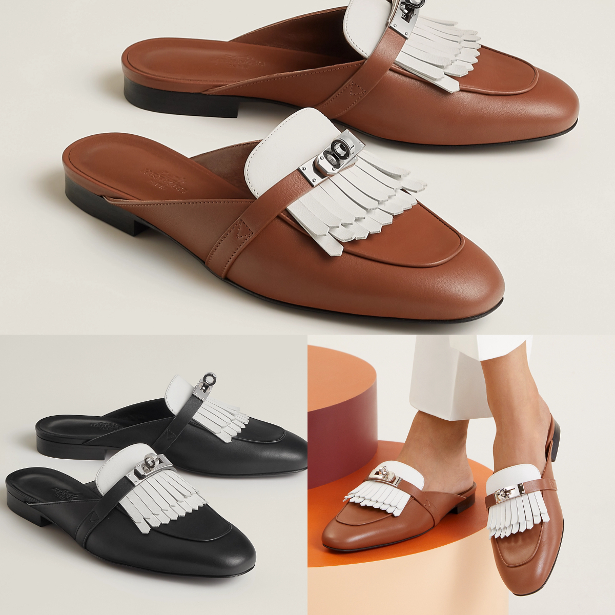 HERMES＊Oz＊ツートーンカラーフリンジ付カーフスキンミュール