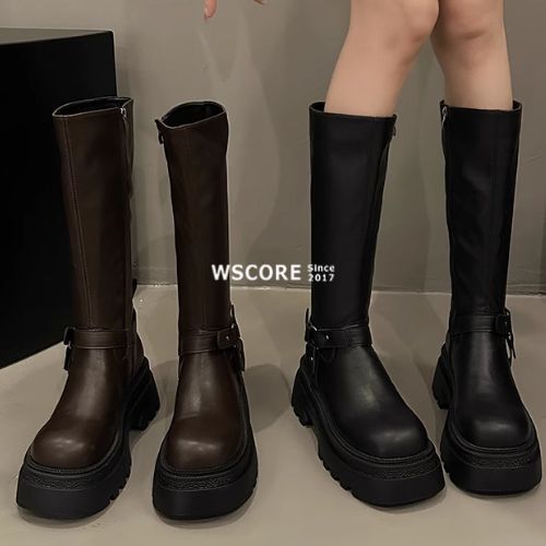 ロングブーツ 厚底 ベルト サイドジッパー スリム ラウンドトゥ
