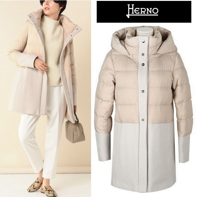 上品●フード取り外し可能●Aライン素材切替ダウンコート●Beige