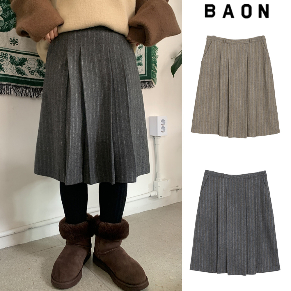 【BAON】Tobel stripe wool pleated midi skirt - Wool 50