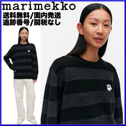 marimekko V-neck & Crew neck Crew Neck Stripes Flower Patterns Casual Style Unisex Wool