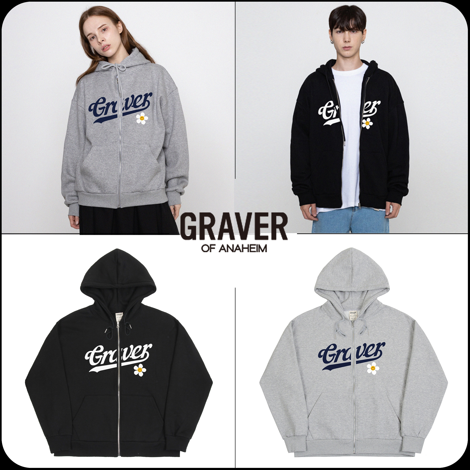 [GRAVER]★BIG BASEBALL LOGO FLOWER HOODED ZIP-UP