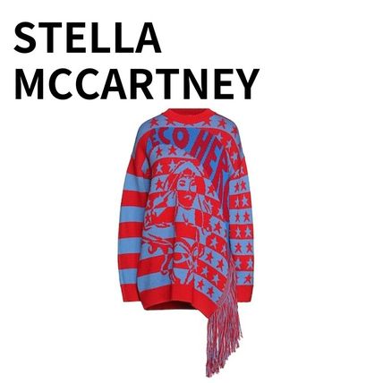 Stella McCartney V-neck & Crew neck Casual Style Wool Henry Neck Bi-color Long Sleeves Fringes