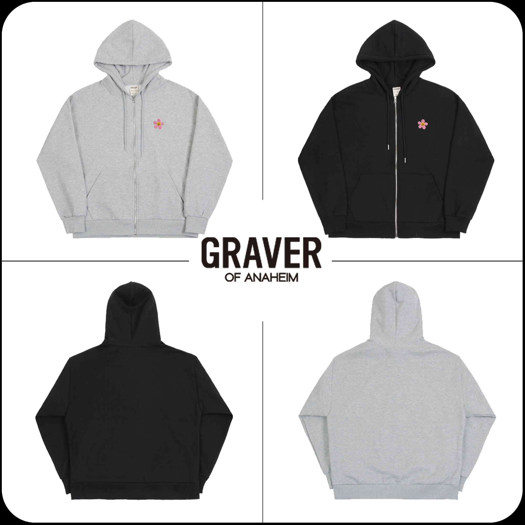 [GRAVER]★PINK FLOWER SMILE EMBROIDERY HOODIE ZIP-UP