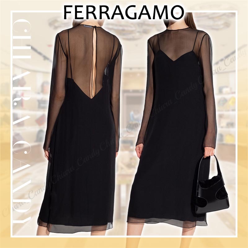 【23AW NEW】FERRAGAMO_woman / レイヤー シルク ドレス / Black