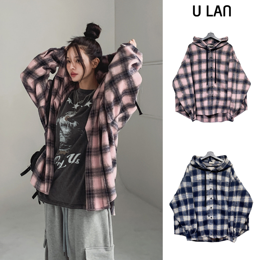 【U LAN】Naming Big Hood Checkered Shirt