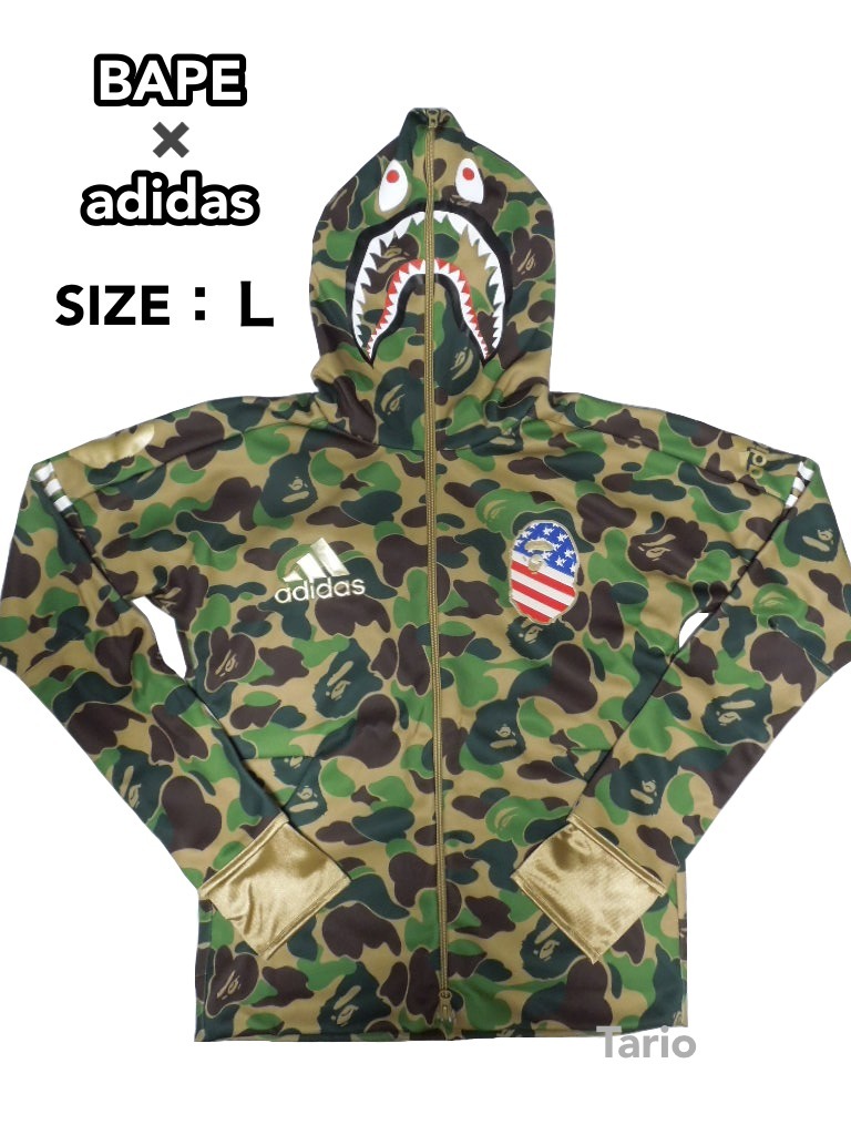 【A BATHING APEｘadidas】SHARK HOODIE JERSEY グリーンCAMO L