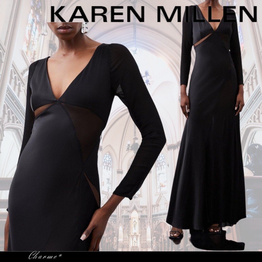 KAREN MILLEN シアーパネル 長袖 ウーブン タイト マキシドレス