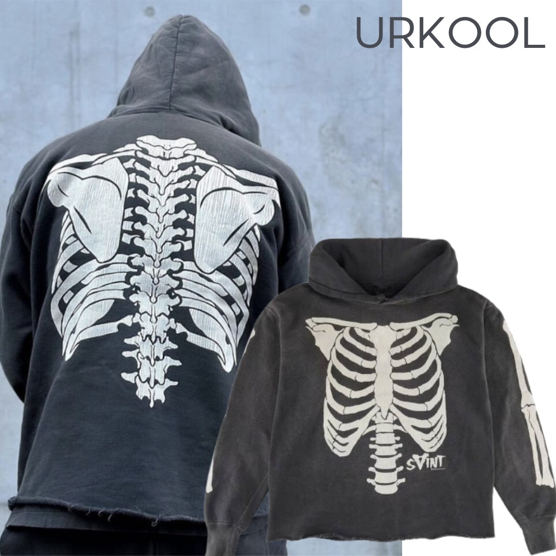 URKOOL スカル スケルトン ダメージ加工 フーディ パーカー