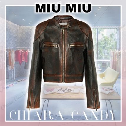 USA outlet MiuMiu Short Jacket in Plain Coffee Leather Sand Biker & Leather  Jackets 