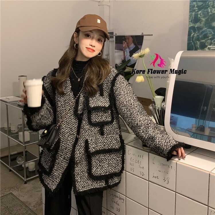ジャケットコート Vネック シングル チェック柄 モノトーン 長袖