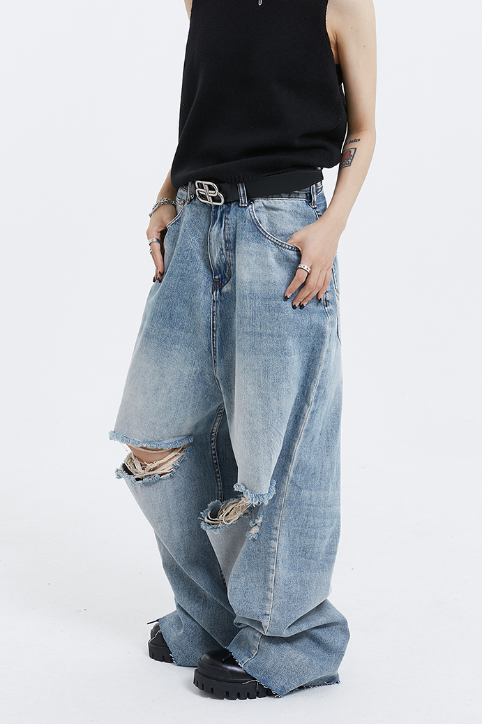 超ワイド デニムパンツ S~XL ヴィンテージ ダメージ加工