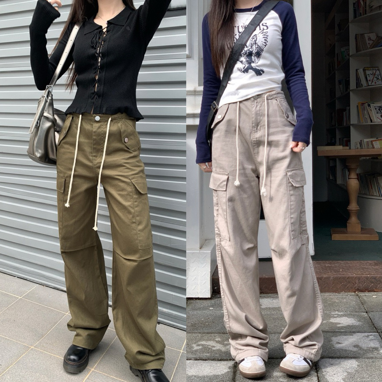 ドローストリング ストレート カーゴパンツ 韓国 i3073