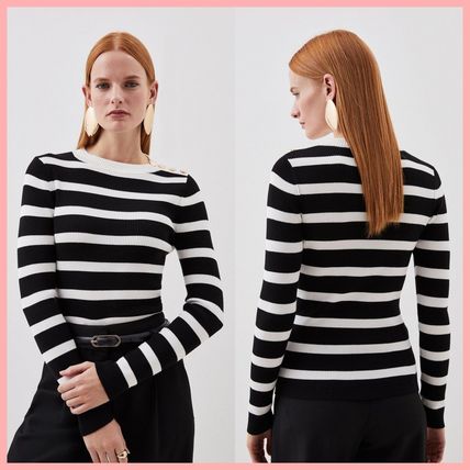 Karen Millen T-Shirts Crew Neck Stripes Nylon Rib Long Sleeves Long Sleeve T-shirt