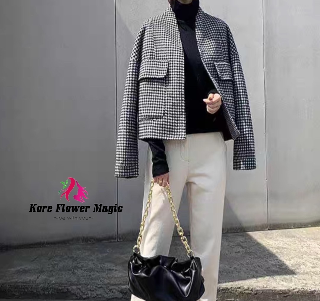アウター ジャケット 千鳥格子 ノーカラー 多目的 エレガント