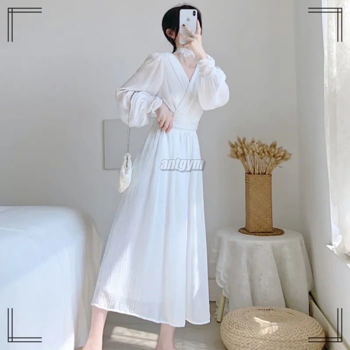 ロングドレス S~3XL シフォン Vネック フレアスリーブ 宴会
