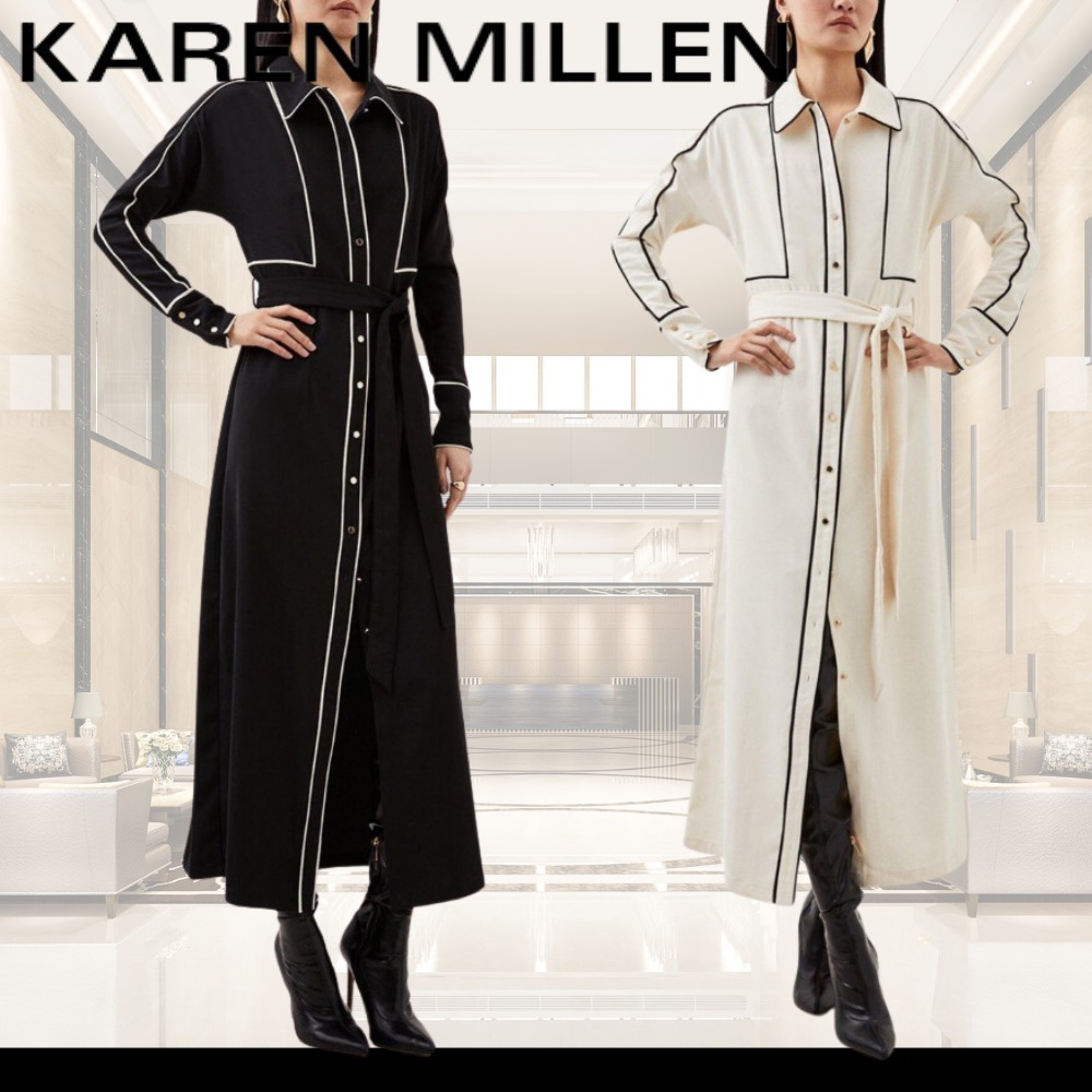 KAREN MILLEN ミダキシドレス Ｖネック ツイル 長袖 タイベルト