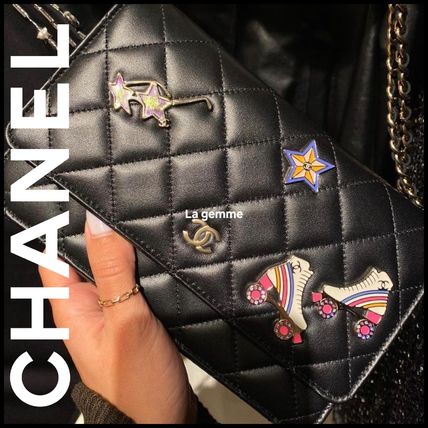 CHANEL Long Wallets Star Lambskin Street Style Chain Plain Leather With Jewels