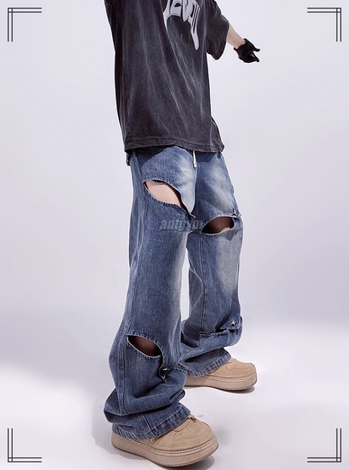 デニムパンツ S~3XL ダメージ加工 ウォッシュド ウエスト伸縮性