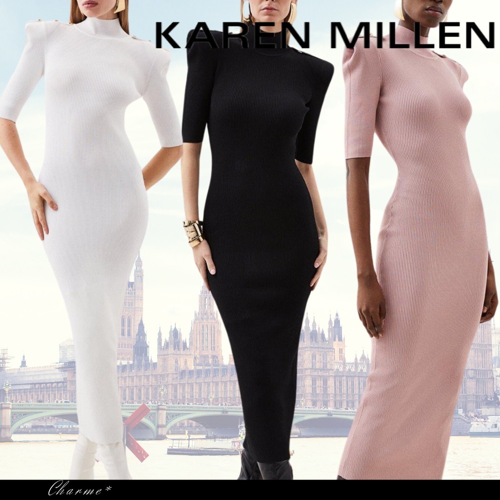 KAREN MILLEN ニット ロング丈 半袖 ドレス 肩ボタン ワンピース