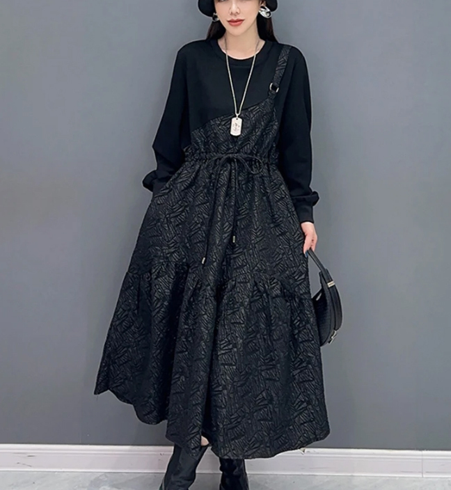 長袖 リュクス 重ね着風 デイリー ドレス ワンピース