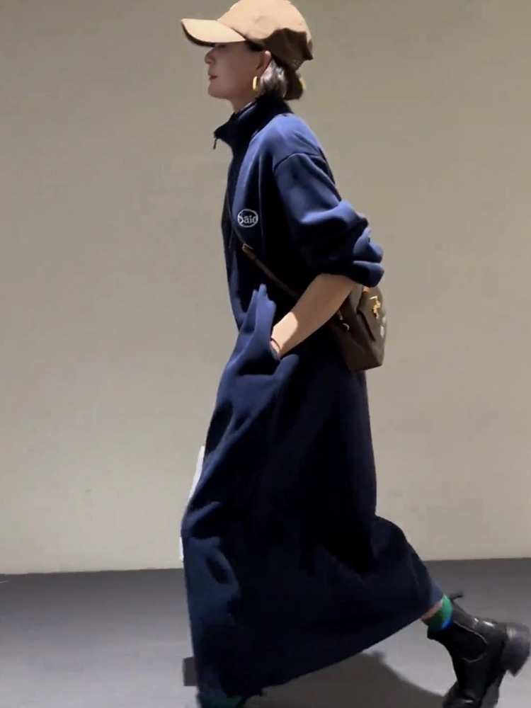 無地スウェットスタンドカラーワンピース秋冬ロング