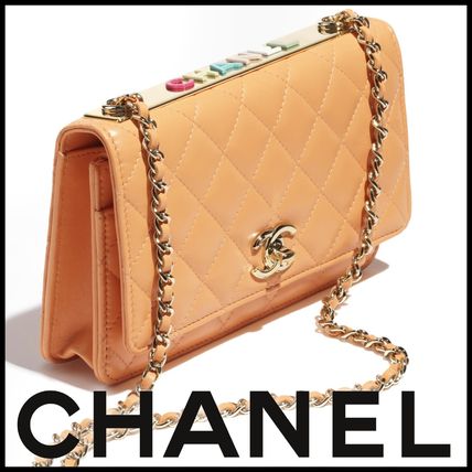 CHANEL Long Wallets Lambskin Street Style Chain Plain Leather With Jewels