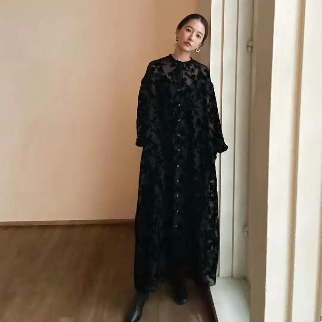 ワンピース フレア ロング 長袖 リュクス エンボス
