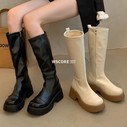 ロングブーツ 厚底 プラットフォーム スクエアトゥ スリム
