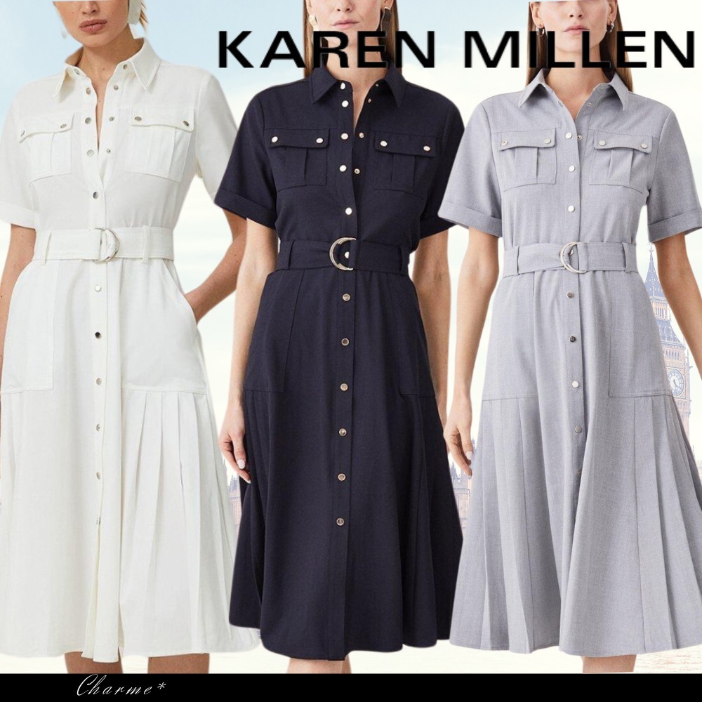 KAREN MILLEN 膝丈ドレス 襟付き ワンピース 半袖 プリーツ