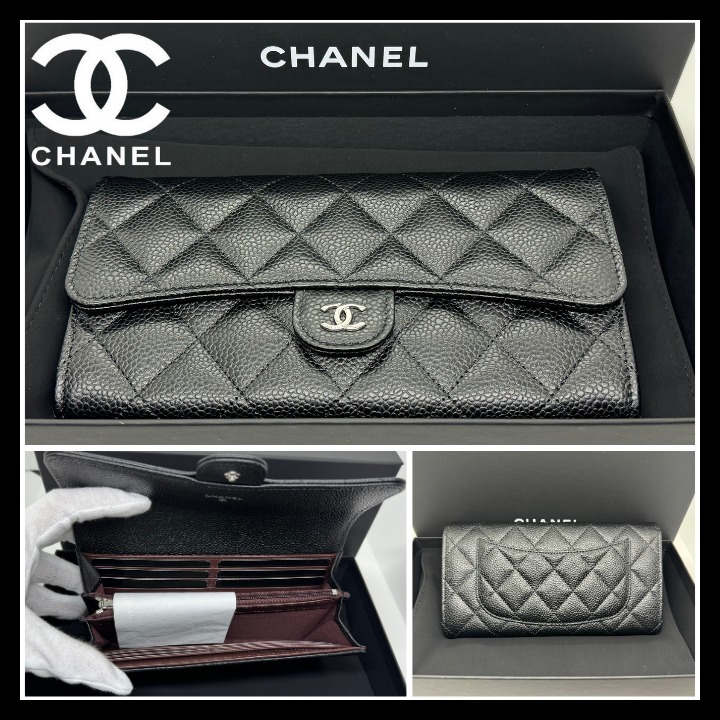 ★キャビア×シルバー★CHANEL フラップ ウォレット 長財布