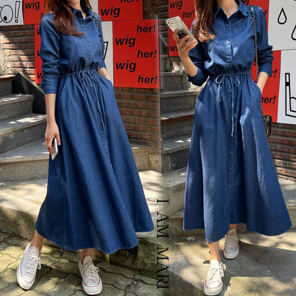 I AM MARI Dresses Casual Style Maxi Denim Flared Long Sleeves Long