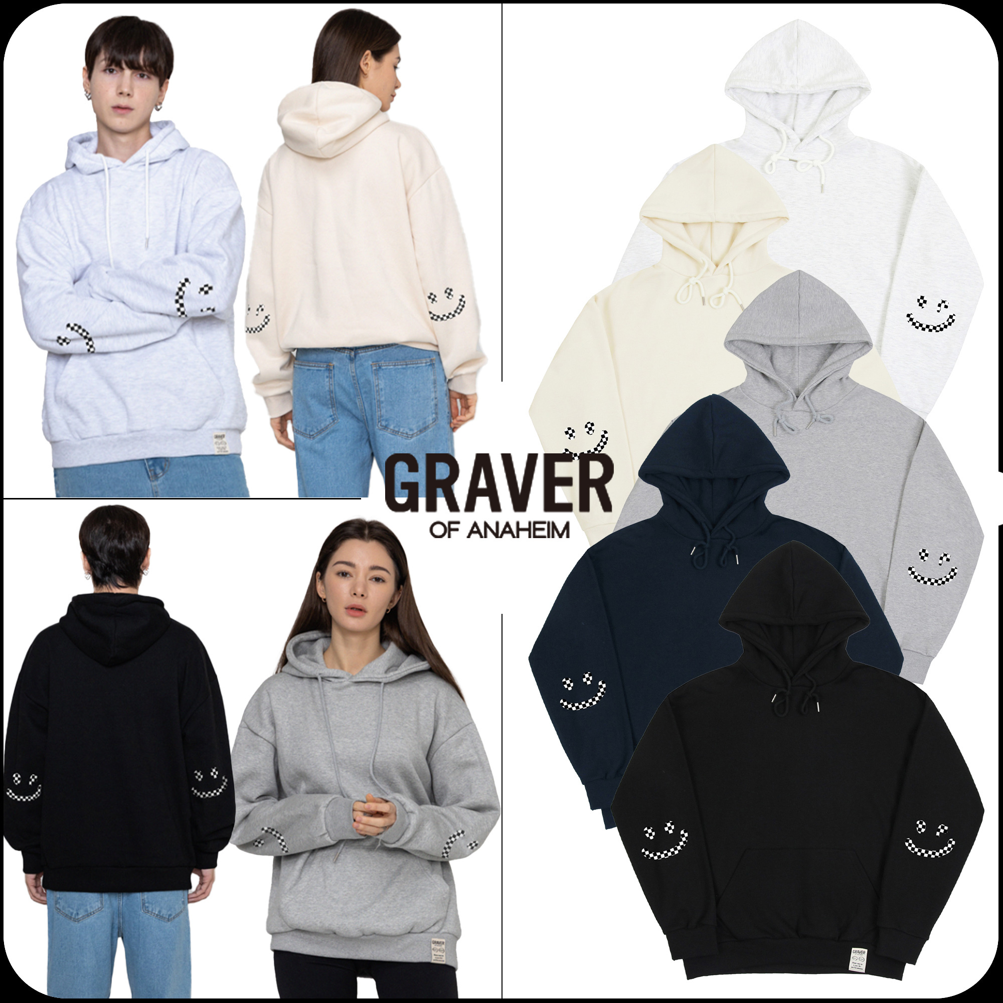 [GRAVER]★ELBOW CHECKERBOARD DRAWING SMILE HOODIE