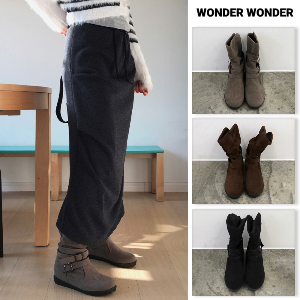 【WONDER WONDER】Reveal vintage belt suede 3cm middle boots