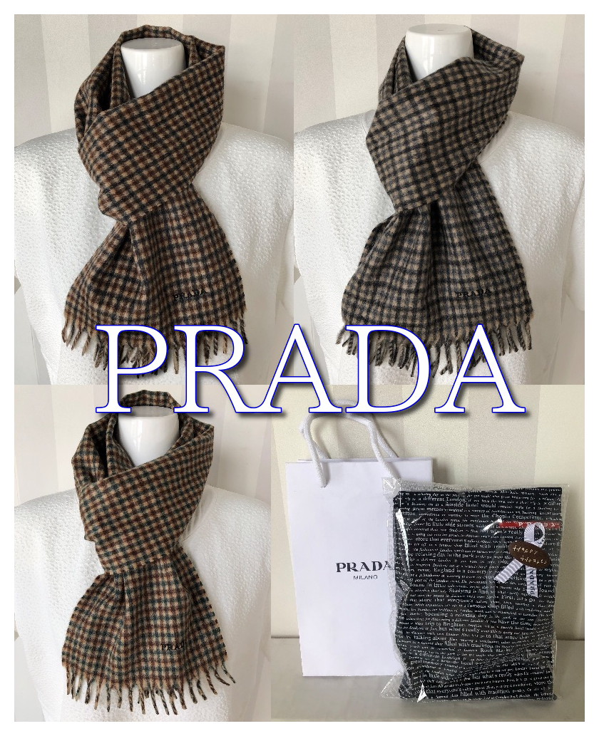 【PRADA】選べる３色 刺繍ロゴ チェック柄カシミアマフラー 即発